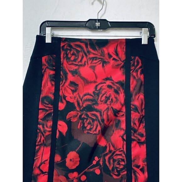 Cache Womens 6 Red Rose Print Pencil Mini Skirt Black Stretch Y2K - Picture 2 of 6